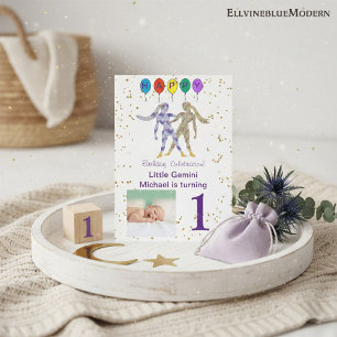 Invitation Gémeaux Premier Anniversaire Or, Ballons & Photo