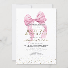 Invitation Gemelas Hijas Lazo Rosa Primer Añito Bautizo