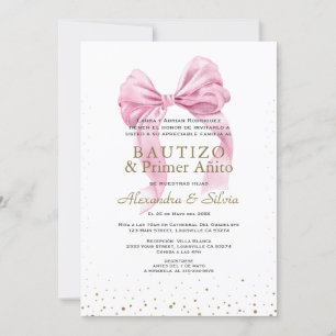 Invitation Gemelas Hijas Lazo Rosa Primer Añito Bautizo