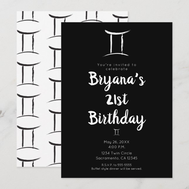 Invitation GEMINI Zodiac Astrologie Mai Juin Anniversaire (Devant / Derrière)
