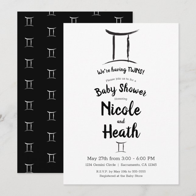 Invitation Gemini Zodiac mai juin Baby shower d'astrologie (Devant / Derrière)