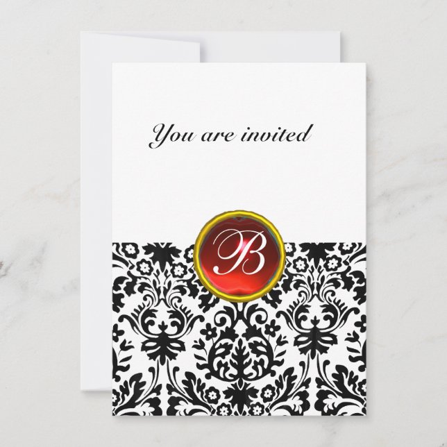 Invitation GEMME DE DAMAS MONOGRAMME ruby rouge blanc rsvp (Devant)