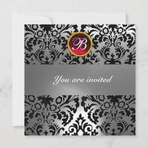 Invitation GEMME EN DAMASSÉ NOIR & BLANC AVEC MONOGRAMME roug