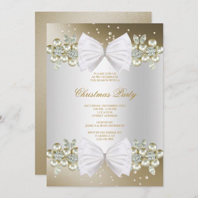 Invitation Gemmes Classy & Bow Gold Christmas (Devant / Derrière)