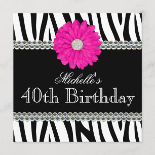 Invitation Gemmes imprimées Zebra Pink Daisy 40e anniversaire