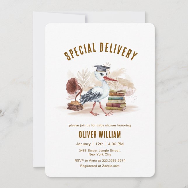 Invitation Gender Neutral Boho Storybook Stork Baby Shower   (Devant)