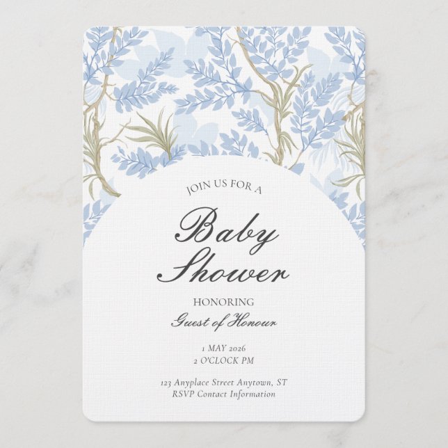 Invitation Gender Neutral Botanical Tree Woodland Theme Blue (Devant)