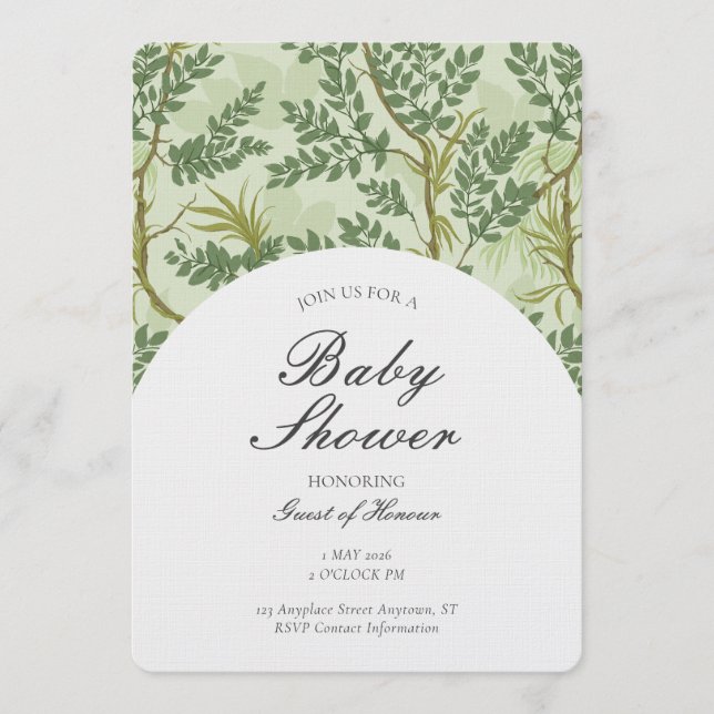 Invitation Gender Neutral Botanical Tree Woodland Theme Green (Devant)