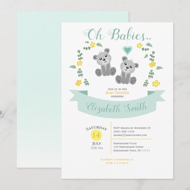 Invitation Gender neutre Twin Cute bear baby shower (Devant / Derrière)