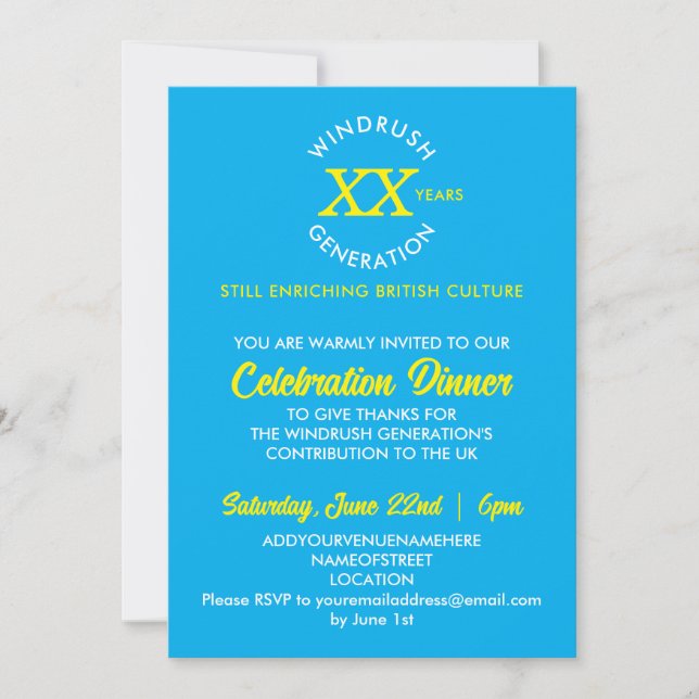 Invitation GÉNÉRATION WINDRUSH colorée 75e anniversaire Invi (Devant)