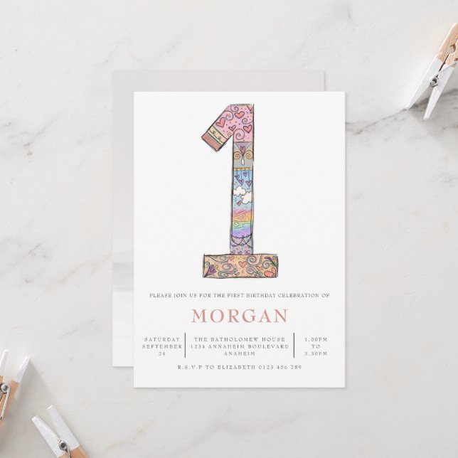 Invitation Genre Neutre 1er anniversaire Boho Hearts Party (Devant/Arrière en situation)