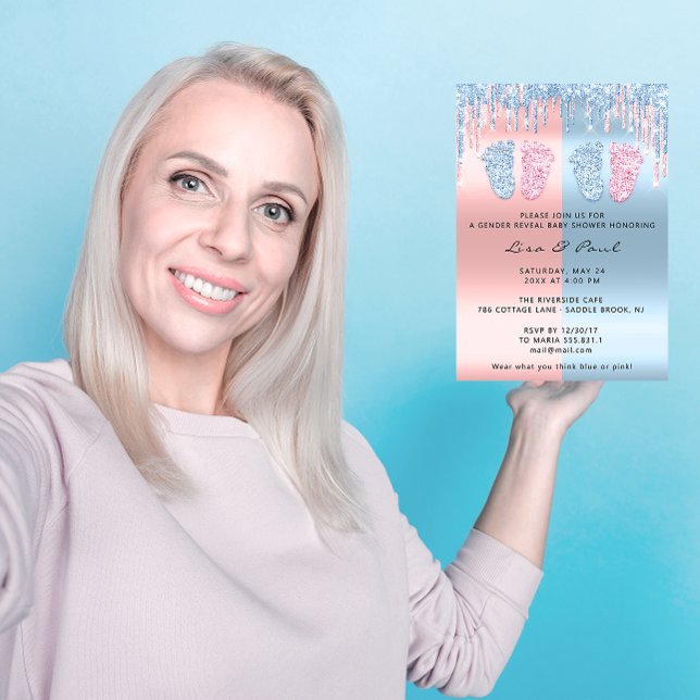 Invitation Genre Reveet Pieds Pastel Rose Bleu Bébé Jumeaux (Gender Reveal Feet Pastel Pink Blue Baby Twins Invitation)