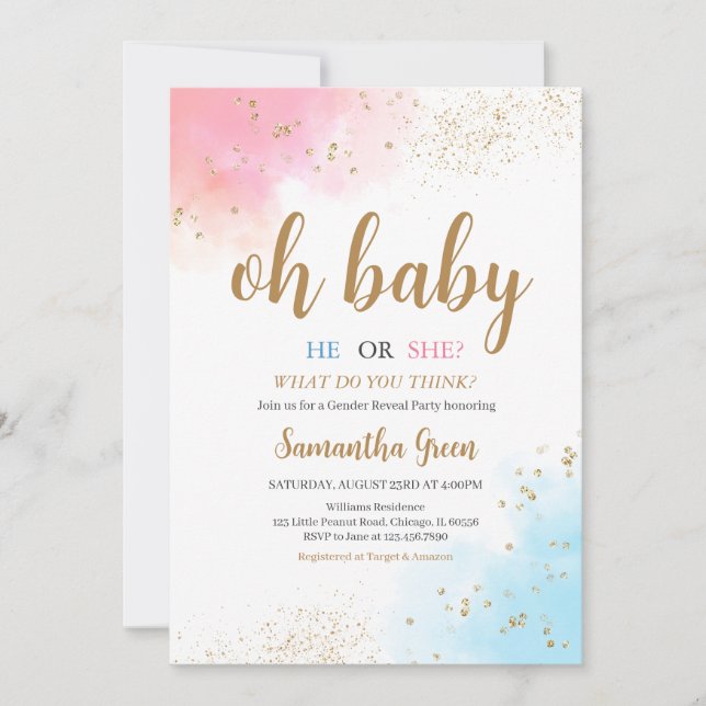 Invitation Genre Revel Rose Bleu Oh Baby shower bébé (Devant)