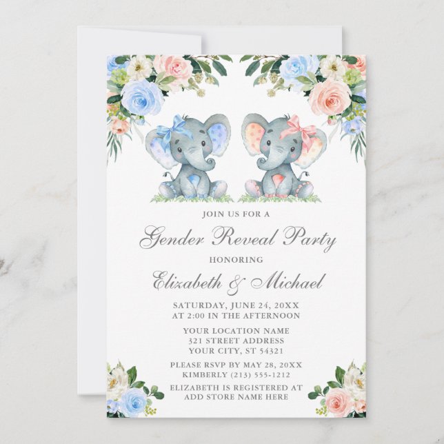Invitation Genre Révéler Baby Elephants Bleu Rose Floral (Devant)