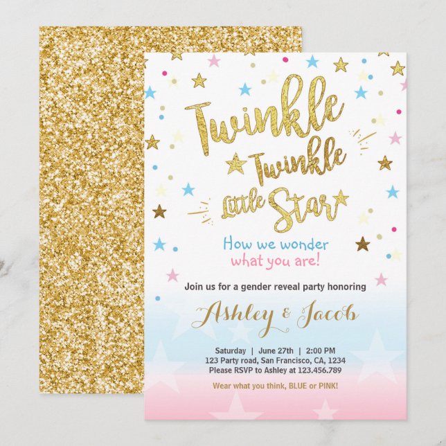 Invitation Genre révéler Baby shower d'invitation Stars Moon (Devant / Derrière)