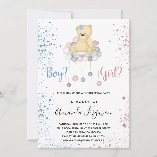 Invitation Genre révéler baby shower ours en peluche bleu ros (Devant)