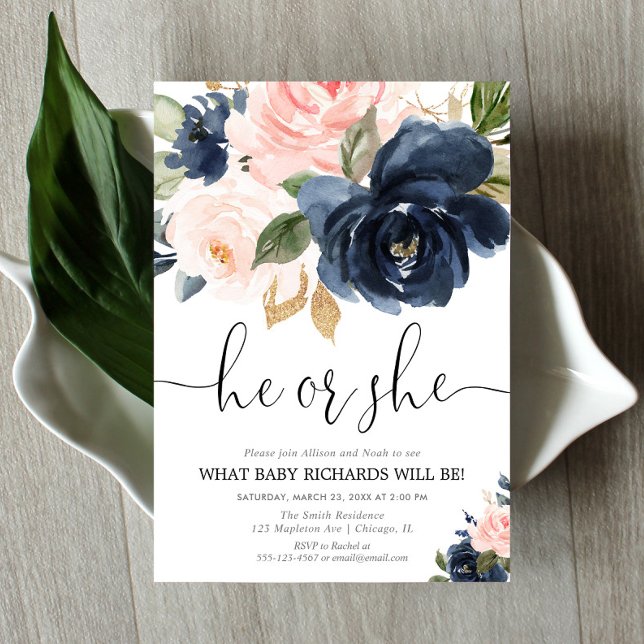 Invitation Genre révéler bleu marine rose rousse bleu floral  (Créateur téléchargé)