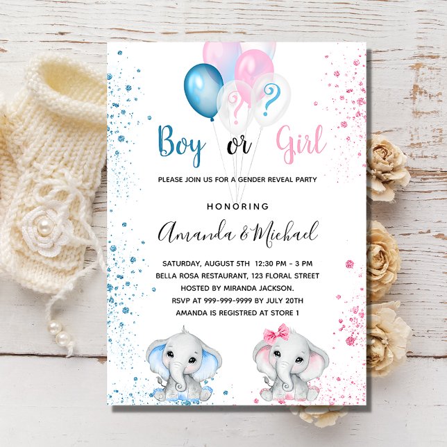 Invitation Genre révéler éléphants baby showers bleu rose (Créateur téléchargé)