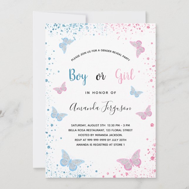 Invitation Genre révéler papillons baby showers bleu rose (Devant)