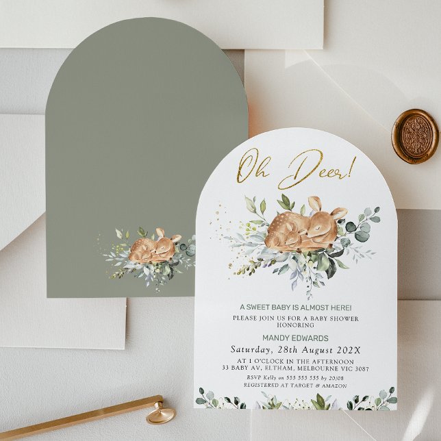 Invitation Genre vert neutre Baby shower Oh cerf (Arched Greenery Oh Deer baby Shower Invitation, Foliage Deer Fawn Baby Shower Invite Gender Neutral )