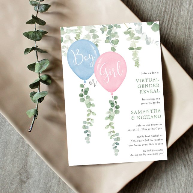 Invitation Genre virtuel révéler Ballon d'eucalyptus moderne (Créateur téléchargé)