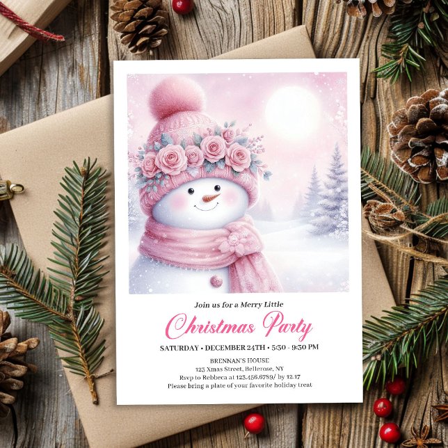 Invitation Gentle Pink Snowman Editable Kids Christmas Invite (Gentle Pink Snowman Editable Kids Christmas Invite File)