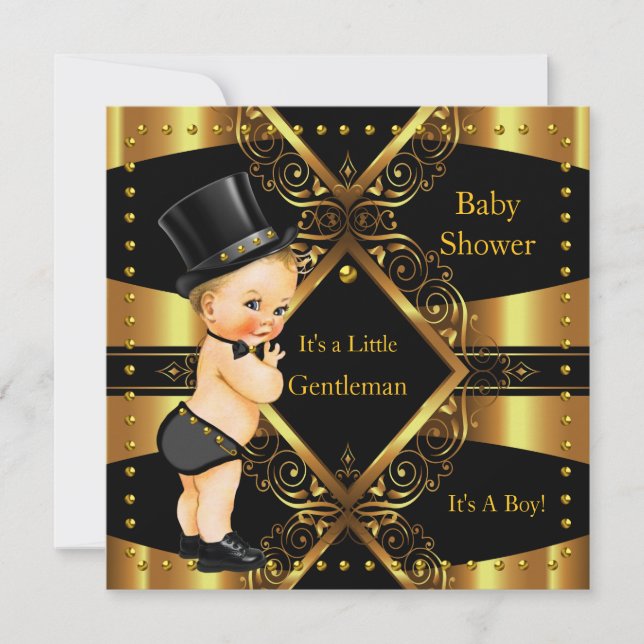 Invitation Gentleman Baby shower Gold Boy Tophat Blonde (Devant)