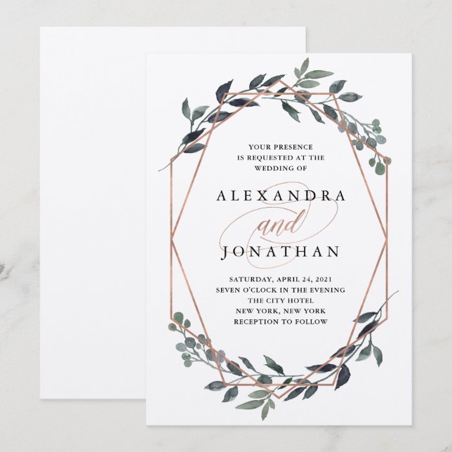 Invitation Geo Kraft verdoyant | Mariage or Rose (Devant / Derrière)