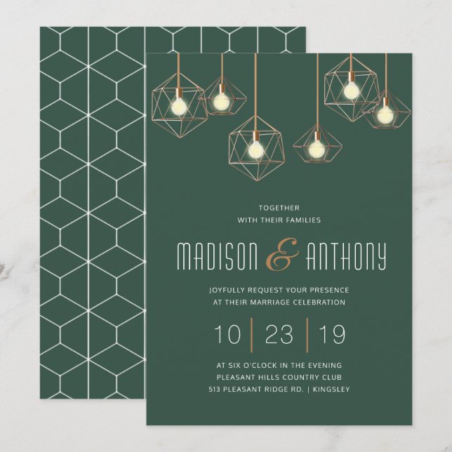 Invitation Geo Lights Emerald Green Moderne Mariage géométriq (Devant / Derrière)