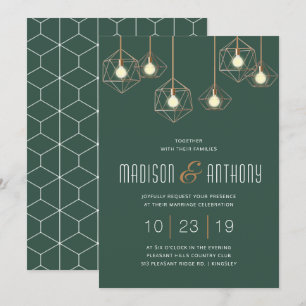 Invitation Geo Lights Emerald Green Moderne Mariage géométriq