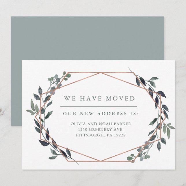 Invitation Geo vert | Rose Gold Changement d'adresse (Devant / Derrière)