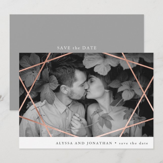 Invitation Geo Wedding | Faux Cuivre avec Photo Enregistrer l (Devant / Derrière)