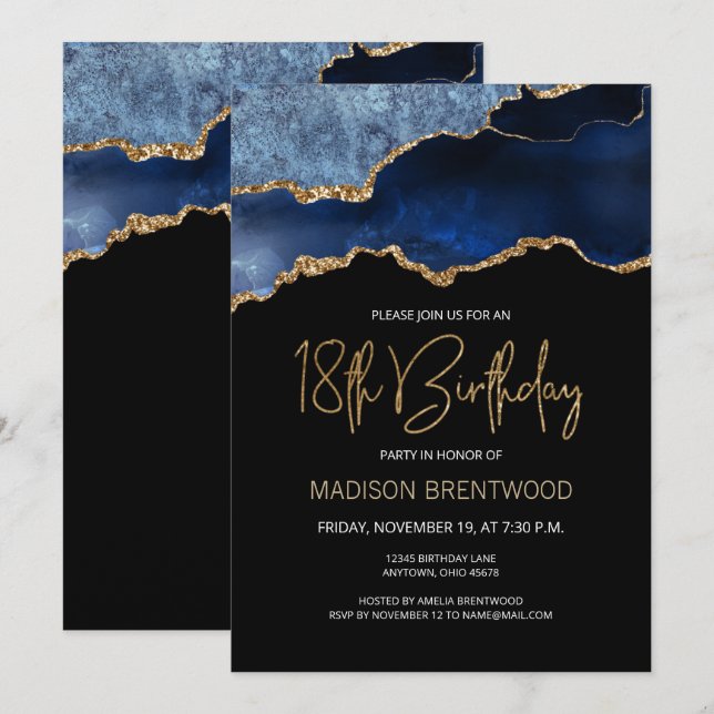 Invitation Géode Agate Blue Gold 18e fête d'anniversaire (Devant / Derrière)