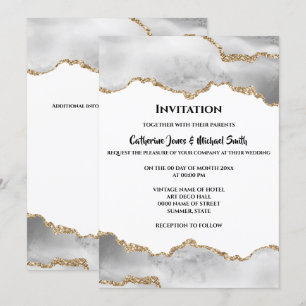 Invitation Géode aquarelle faux or blanc agneau élégant