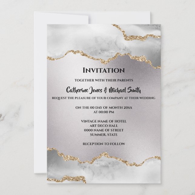 Invitation Géode aquarelle or argent agate mariage (Devant)