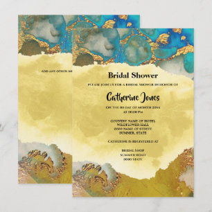 Invitation Géode chic or bleu agate aquarelle mariée