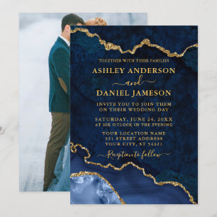 Invitation Géode d'agate de marbre bleu Mariage photo Or