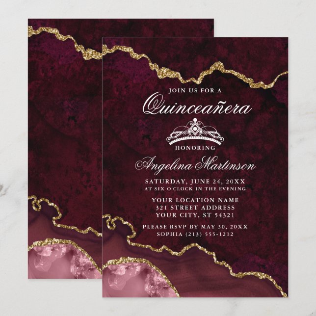 Invitation Géode d'âge marbré or Rose Quinceanera (Devant / Derrière)
