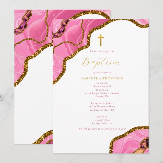 Invitation Géode rose Agate Gold Cross Baptême Christening (Devant / Derrière)