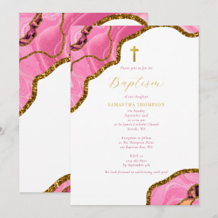Invitation Géode rose Agate Gold Cross Baptême Christening