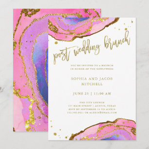Invitation Géode rose et bleu avec Brunch Mariage Gold Post