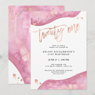 Invitation Géode rose et look or Rose Faux  21e anniversaire
