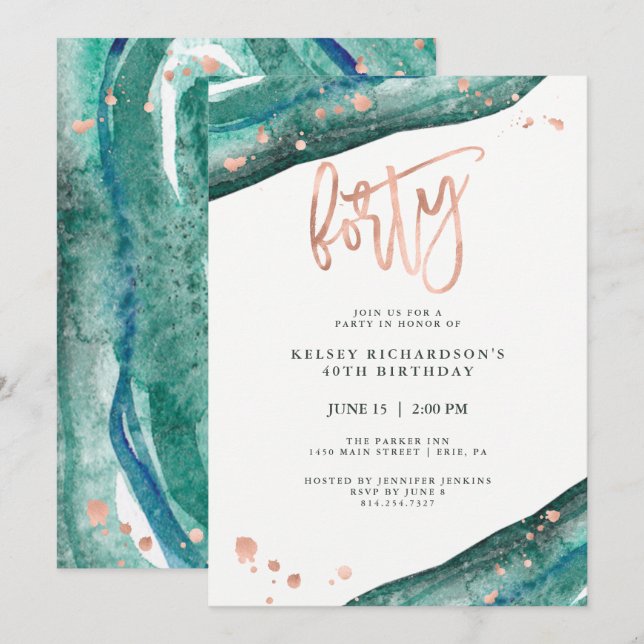 Invitation Géode turquoise et Faux Rose Gold Look | Anniversa (Devant / Derrière)