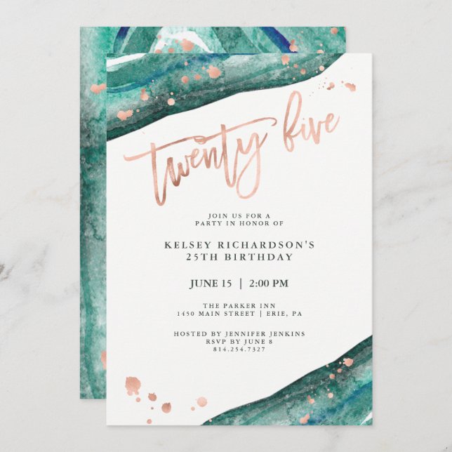Invitation Géode Turquoise et look or Rose Faux| 25e annivers (Devant / Derrière)