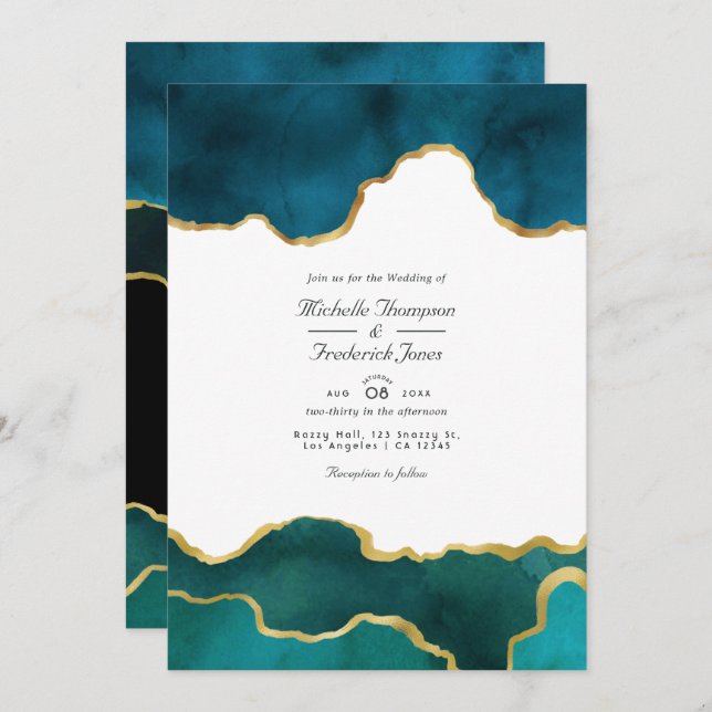 Invitation Géode turquoise et or Agate Pierre Code QR Mariage (Devant / Derrière)