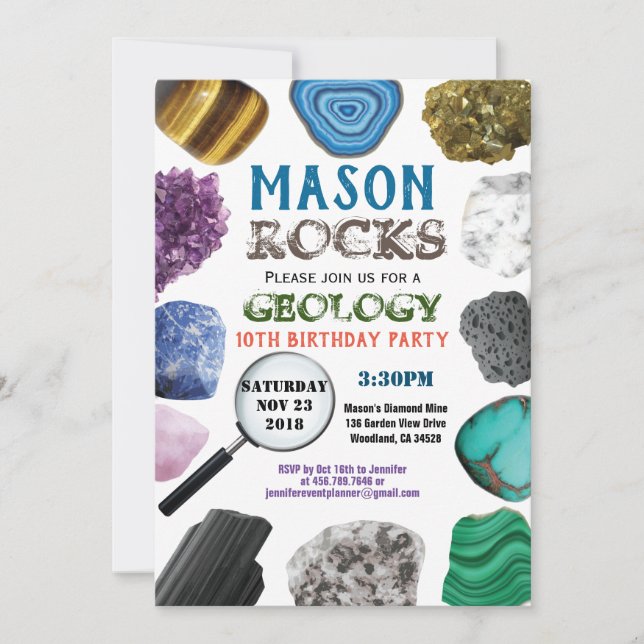 Invitation Géologie Anniversaire Fête Rocks Gemstones Crystal (Devant)