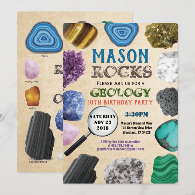Invitation Géologie Anniversaire Fête Rocks Gemstones Crystal (Devant / Derrière)