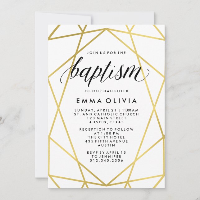 Invitation Géométrie moderne sur Baptême blanc | Faux Gold Lo (Devant)