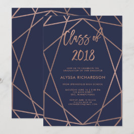 Invitation Géométrie or rose sur la Marine Blue Graduation Pa