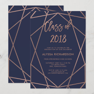 Invitation Géométrie or rose sur la Marine Blue Graduation Pa
